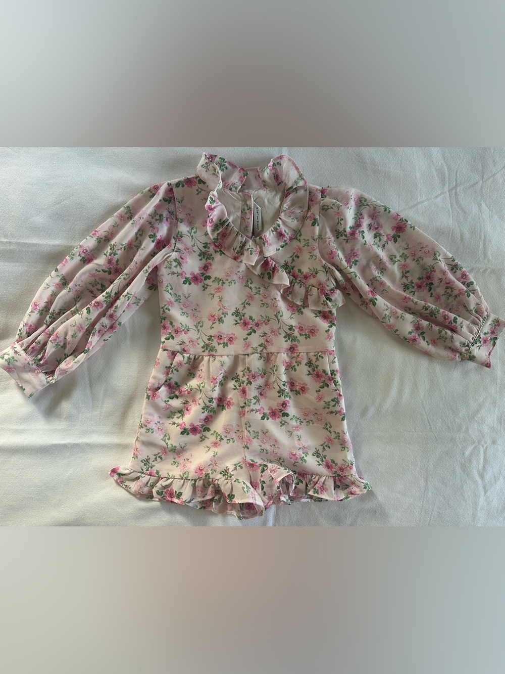 Janie and Jack Pink Floral Ruffle Long-Sleeve One-Piece Romper
